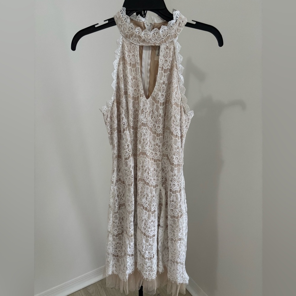 Francesca’s  Lace Overlay Halter Dress in Cream